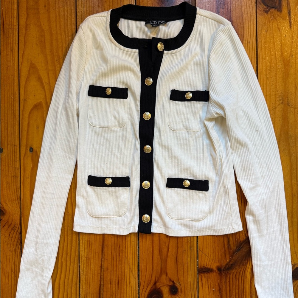 J. Crew White and Black Button-Up Cardigan lady jacket top